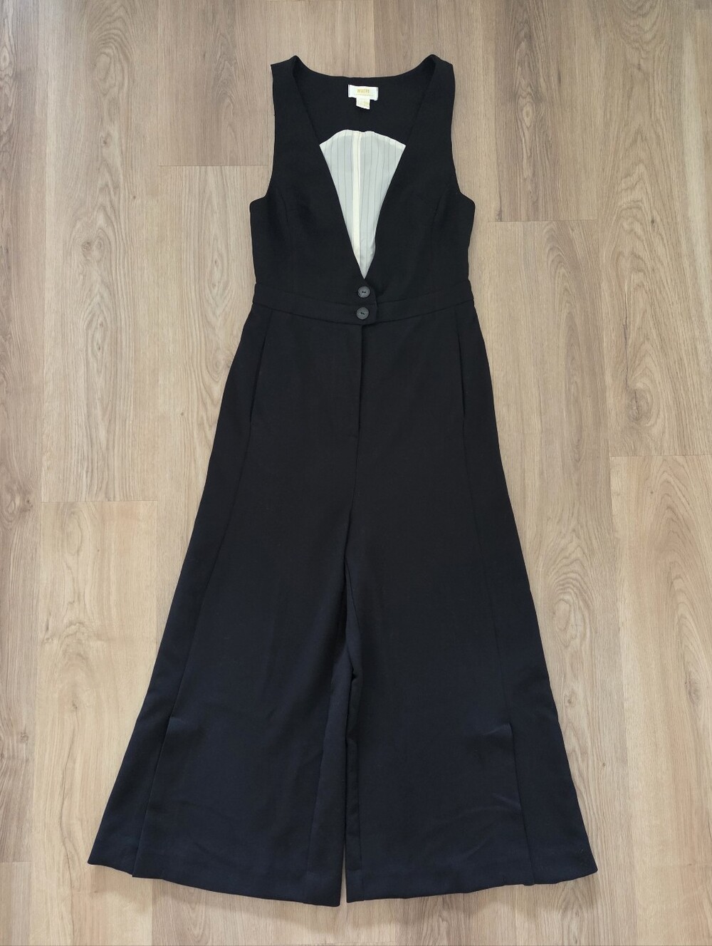 Maeve Anthro V-Neck Pinafore Wide-Leg Jumpsuit 4 Blk Minimal Tailored Menswear - Picture 2 of 11